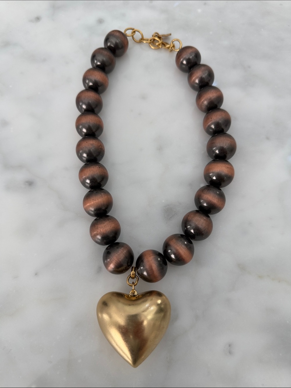 Large Brown Beaded Necklace with Gold Heart Pendant - Women's Jewelry